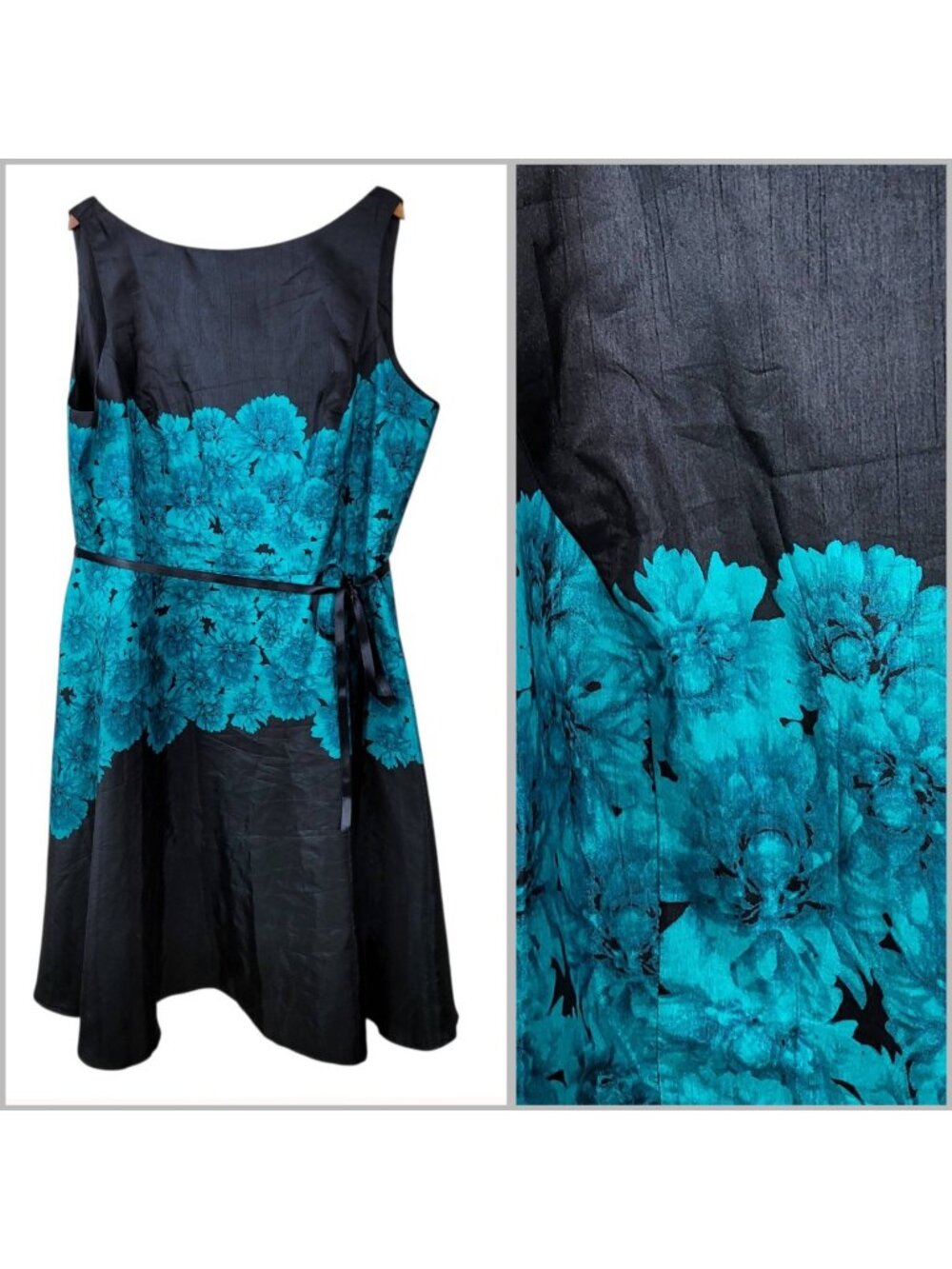 Dress Barn Plus size 24 24W Fit & Flare Floral Satin Teal Blue Black Party Event
